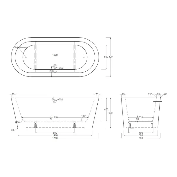 Skizze der Badewanne 170x80 cm NOA - Ovalbadewanne