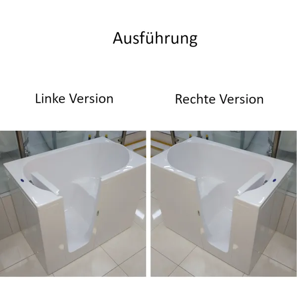 Linke und rechte Ausführung der Badewanne mit Tür 115x68 cm oder 140x68 cm BUDO inkl. Schürze und Ablauf