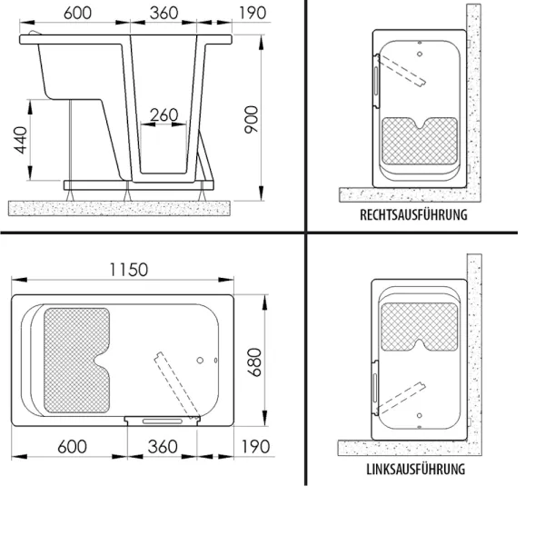 Skizze der Badewanne mit Tür 115x68 cm BUDO inkl. Schürze und Ablauf