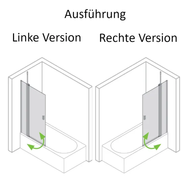 Linke und rechte Ausführung des Badewannenaufsatz mit Pendeltür und Feststeil bis zu 160 cm lang und 190 cm hoch