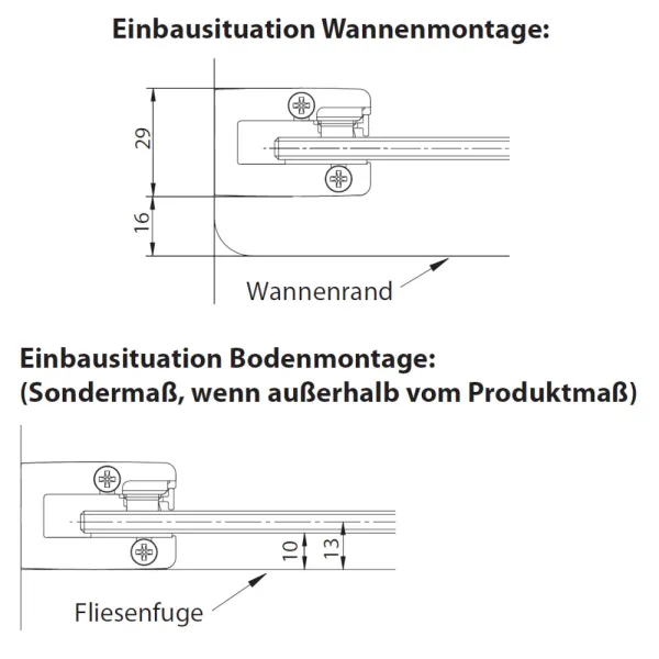 Einbausituationen der Schiebetür 4-teilig für Nische in 140 cm, 160 cm und Sondermaß bis zu 200 cm, 8 mm ESG