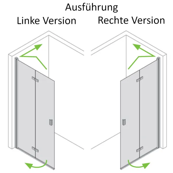 Linke und rechte Ausführung der Walk-in Duschwand mit Drehfaltüren aus 6 mm