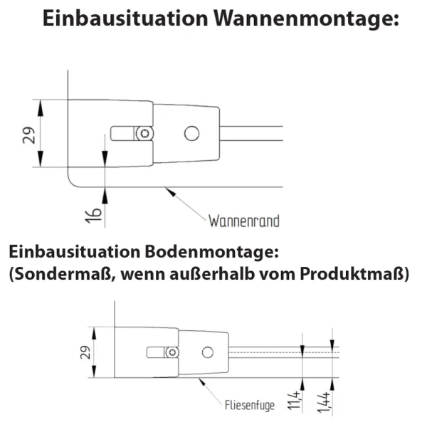 Montageskizzen der Walk-in Duschwand mit Drehfaltüren aus 6 mm